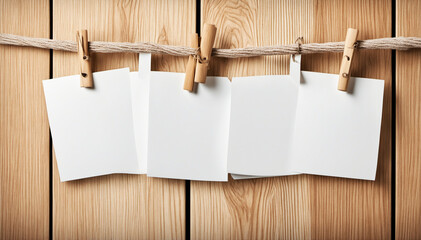 White paper note hang on wooden clothes pegs on a string 