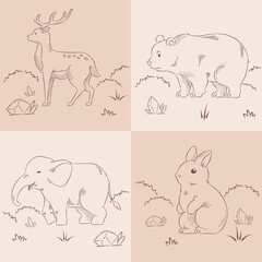 Animal drawing linear flat composition set