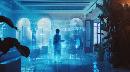 A virtual health assistant hologram in a smart home, with a backdrop of an ancient, mist-covered city