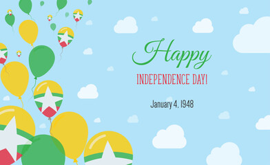 Myanmar Independence Day Sparkling Patriotic Poster. Row of Balloons in Colors of the Myanmarian Flag. Greeting Card with National Flags, Blue Skyes and Clouds.