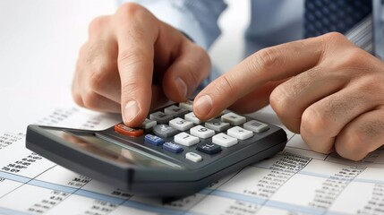 A businessman using a handheld calculator to tally up expenses and profits on a ledger. 