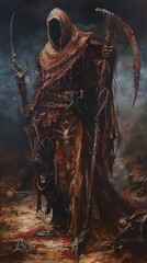 Capture the chilling essence of The Harvester of Sorrow in a detailed oil painting, showcasing the behemoths towering presence and the eerie landscape it traverses Emphasize the tattered robes, bloods - obrazy, fototapety, plakaty
