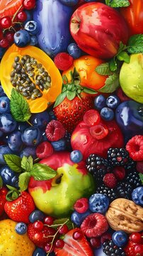 Capture the essence of antioxidants in a vibrant watercolor painting, showcasing colorful berries, nuts, and vegetables symbolizing health and vitality