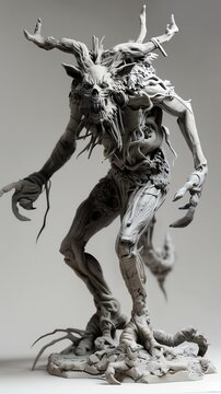 Craft a detailed clay sculpture of a Wendigo emerging from a shadowy forest, emphasizing the eerie blend of human features and primal, beastly traits, such as elongated limbs, jagged teeth, and a twis