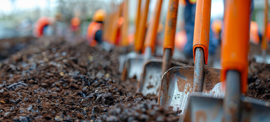 A group of construction workers are using shovels to dig in the dirt