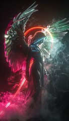 A dark angel with glowing green and pink neon wings stands in a smoky void.