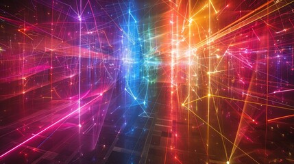 Obraz premium Envision a dazzling 3D display where beams of multicolor light intersect and overlap, creating a complex web of colors that is both intricate and stunning.