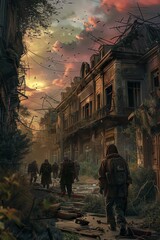 In a detailed digital rendering, depict the postapocalyptic world with abandoned buildings, overgrown vegetation, and hordes of zombies lurking in the shadows Include a group of survivors cautiously a