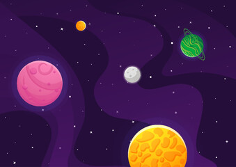Space cartoon background. Cute design for landing page, banner or wallpaper. Planets and stars in the open space. Childish galaxy scene. Space cartoon vector illustration. - 786052594
