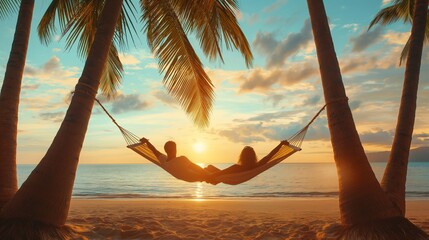 a man and a woman spend their vacation at a resort. seashore with palm trees and a hammock against the backdrop of sunset