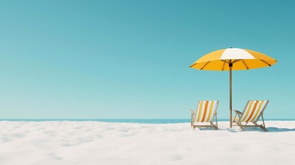beach relaxed lazy holiday gives you a feeling of carelessness, serenity and peace. two striped white and yellow loungers invite their embrace and contrast with the clear blue sky
