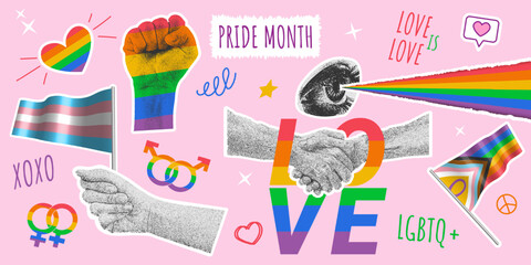 LGBTQ+ pride month halftone collage paper stickers set in contemporary punk grunge style. Trendy vector illustration with hands, eye, rainbow flags, hearts and others elements to decorate LGBT events.