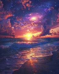 A beautiful sunset over the ocean. The sky is a gradient of purple, pink, and yellow, and the water is a deep blue. The waves are gently crashing against the shore, and the sand is sparkling in the su - obrazy, fototapety, plakaty