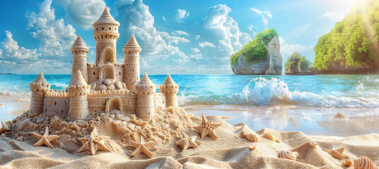 sandcastles on the tropical beach, banner, summer holiday concept, time with family, vacation  - obrazy, fototapety, plakaty