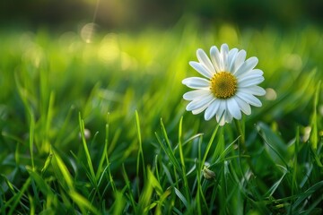 Calm In Nature. Beautiful Daisy Flower in Green Grass Background