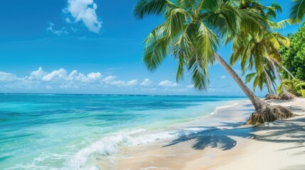 Tropical Island Beach. Beautiful Caribbean Coast with Palm Trees and Calm Blue Bay Background