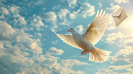 Fototapeta premium white dove with letter flying in the sky, Pigeon post concept