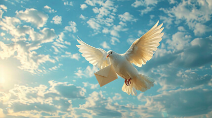 Obraz premium white dove with letter flying in the sky, Pigeon post concept