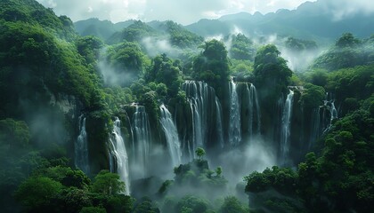 A beautiful waterfall in the middle of a lush green jungle. - obrazy, fototapety, plakaty