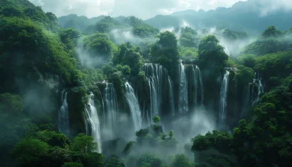 Foto op Aluminium A beautiful waterfall in the middle of a lush green jungle. © Thararat