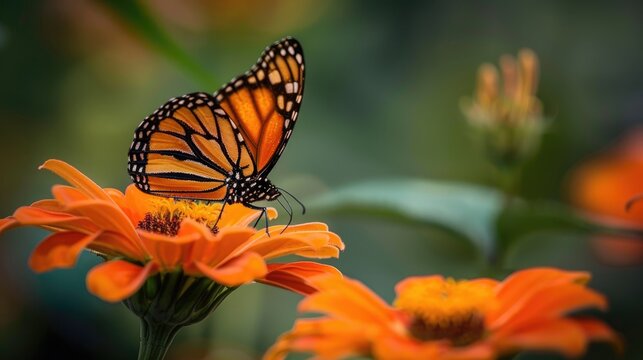 A butterfly is perched on an orange flower