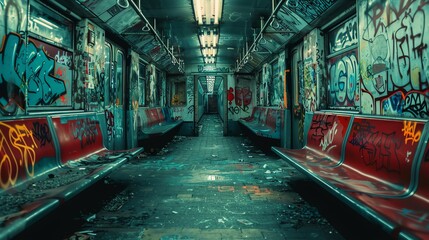 A graffiti-covered subway car sits abandoned in a dark tunnel.