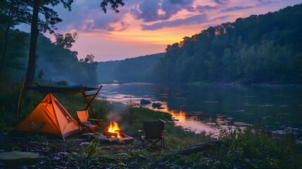 Serene Riverside Camping Scenario at Dusk in Ohiopyle State Park: A Haven of Wilderness