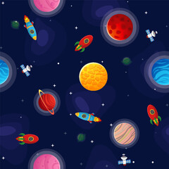 Fototapeta na wymiar Space cartoon seamless pattern. Cute design for kids fabric and wrapping paper. Planets and stars in the open space. Childish galaxy scene. Space cartoon vector illustration.