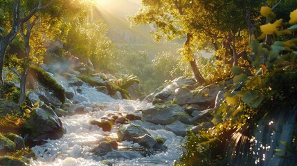 A serene mountain stream winding its way through a sun-dappled forest, with moss-covered rocks and...