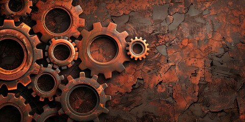 old rusty metal background with interacting cogs - obrazy, fototapety, plakaty