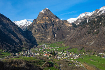 The town of Olivone and Sosto mountain, Switzerland