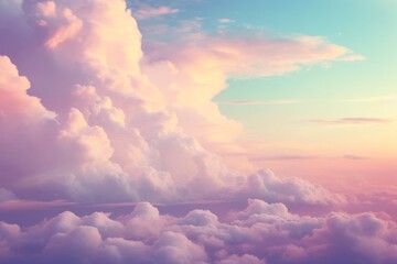 Surreal cloud podium outdoor on blue sky pink pastel soft fluffy clouds with empty space. Beauty cosmetic product placement pedestal present promotion minimal display, summer paradise dreamy concept - obrazy, fototapety, plakaty