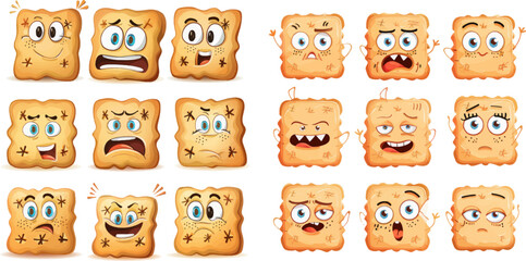 Cute cookies with expressions, funny faces of sweet snack food with emotions and gestures