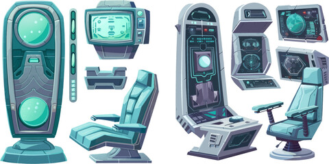 Cartoon futuristic alien space ship room interior elements - obrazy, fototapety, plakaty