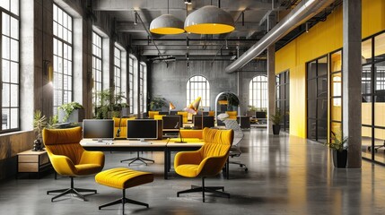 A series of striking yellow office chairs stand out in a well-lit modern office space, enhancing...