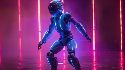 Fototapeta premium Robotic Performer Captivating the Stage in Futuristic Neon Lighting