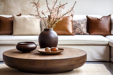 Naklejka premium Boho interior design of modern living room, home. Wooden round coffee table with clay vase on it near white sofa with brown pillows.