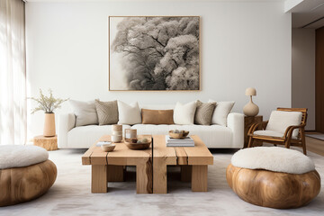 Scandinavian, boho interior design of modern living room, home. Rustic wooden pouf near coffee table against white sofa.