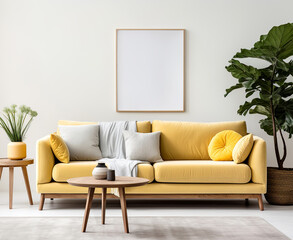 Scandinavian interior design of modern living room, home. Yellow sofa against white wall with blank mock up frame with copy space. - 786054503