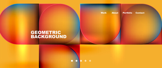 A vibrant geometric background featuring circles and squares in various shades of orange and electric blue on a fluid amber backdrop, reminiscent of automotive lighting tints and shades