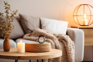 Boho interior design of modern living room, home. Close up of alarm clock on round wooden table near sofa.
