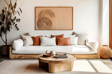 Boho interior design of modern living room, home. Live edge coffee table near white sofa with terra cotta pillows. - 786054523