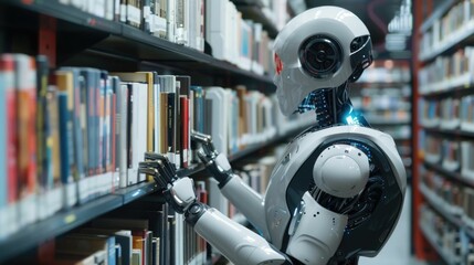 Fototapeta premium Robot Librarian Organizing Books in Modern Library Interior