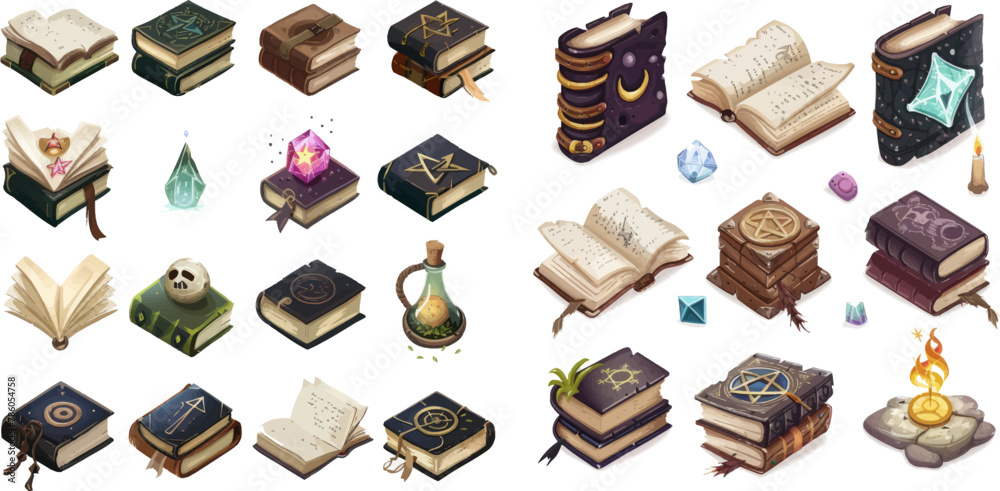 Poster Witchcraft spell book icons with alchemy symbols, old mystic sourcer diary for game GUI menu items design