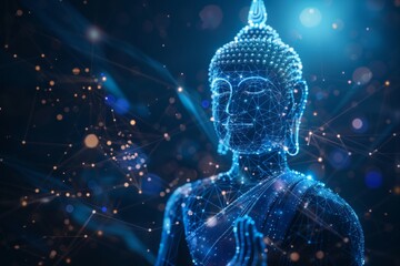 Buddha sculpture  hologram style glowing with digital connections, ai contamination technology , blue dark background with glow lights