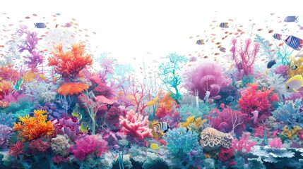 Fototapeta na wymiar A vibrant coral reef, teeming with colorful marine life, set against a backdrop of pure white, highlighting the vivid beauty of the underwater world.