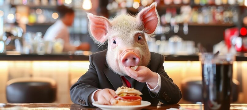 Pig in formal business attire sitting at a table and eating in a professional corporate environment