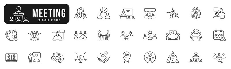 Naklejka premium Set of meeting related line icons. Conference, team, group, presentation etc. Editable stroke