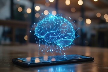 Concept of artificial intelligence, internet and data processing. A smartphone lying on a table with a hologram of the brain consisting of dots and lines - obrazy, fototapety, plakaty