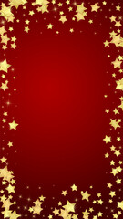 Magic stars vector overlay. Gold stars scattered around randomly, falling down, floating. Chaotic dreamy childish overlay template. Magical cartoon night sky on red background.